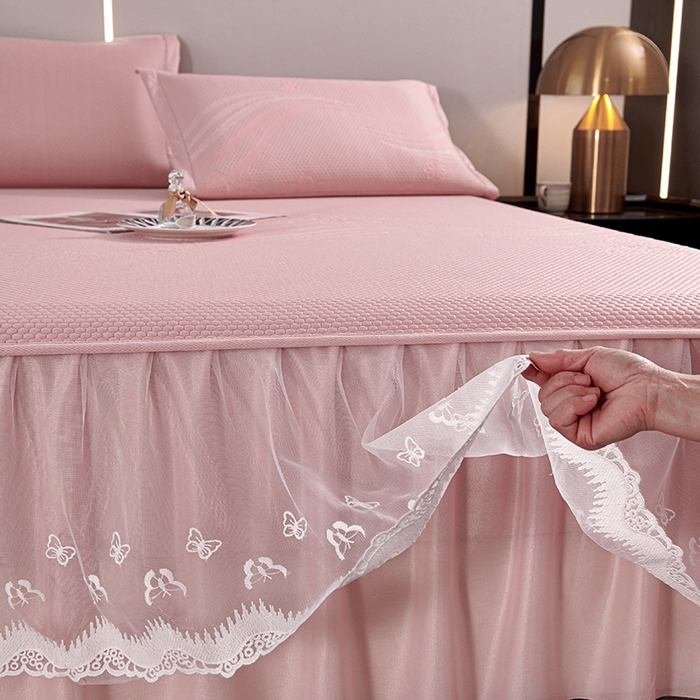 91家纺网 家纺一手货源 找家纺 梵克保罗 2025新款7A抗菌母婴级纯乙纶PE刺绣凉感丝豆豆席 床裙款 床裙款 浪花-粉