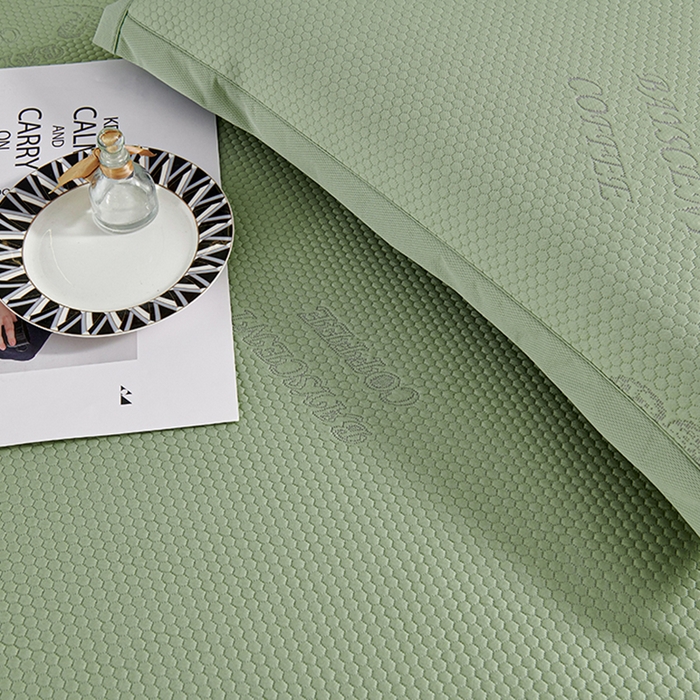 91家纺网 家纺一手货源 找家纺 梵克保罗 2025新款7A抗菌母婴级纯乙纶PE刺绣凉感丝豆豆席 床裙款 床裙款 字母爱心-水绿