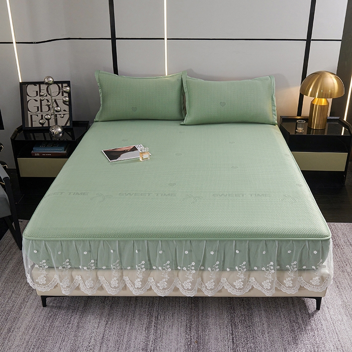 梵克保罗 2025新款7A抗菌母婴级纯乙纶PE刺绣凉感丝豆豆席 床笠花边款 花边床笠爱心蝴蝶结-水绿