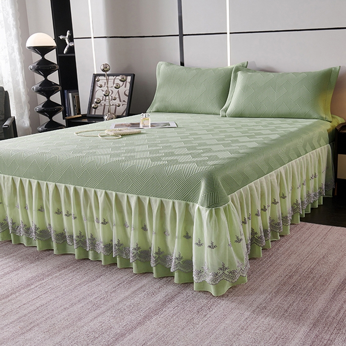 91家纺网 家纺一手货源 找家纺 梵克保罗 2025新款7A抗菌母婴级纯乙纶PE刺绣凉感丝豆豆席床单款 斜条纹-水绿