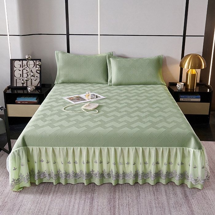 梵克保罗 2025新款7A抗菌母婴级纯乙纶PE刺绣凉感丝豆豆席床单款 斜条纹-水绿