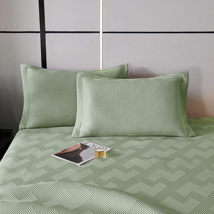 91家纺网 家纺一手货源 找家纺 梵克保罗 2025新款7A抗菌母婴级纯乙纶PE刺绣凉感丝豆豆席床单款 斜条纹-水绿