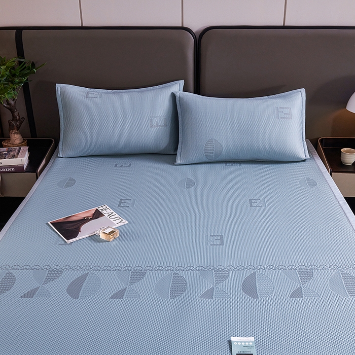 91家纺网 家纺一手货源 找家纺 梵克保罗 2025新款7A抗菌母婴级纯乙纶PE刺绣凉感丝豆豆席 叶子-蓝