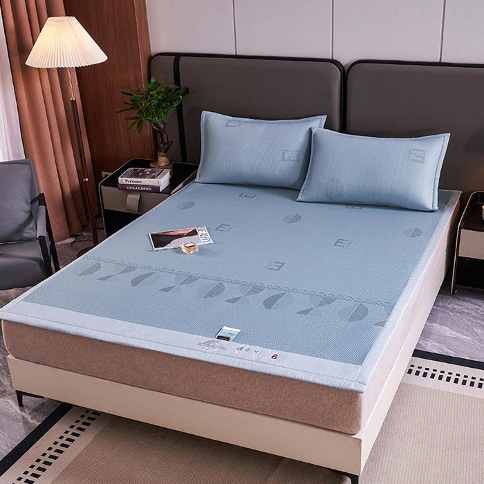 91家纺网 家纺一手货源 找家纺 梵克保罗 2025新款7A抗菌母婴级纯乙纶PE刺绣凉感丝豆豆席 叶子-蓝