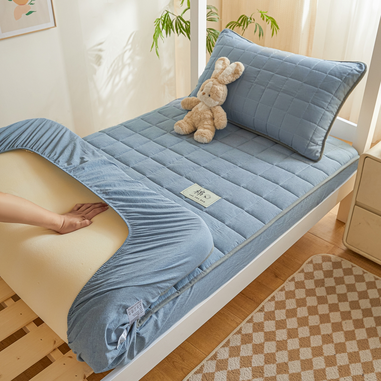 91家纺网 家纺一手货源 找家纺 （总）鑫钰 2025新款A类新疆棉花床笠学生宿舍专用90*190-棉格系列