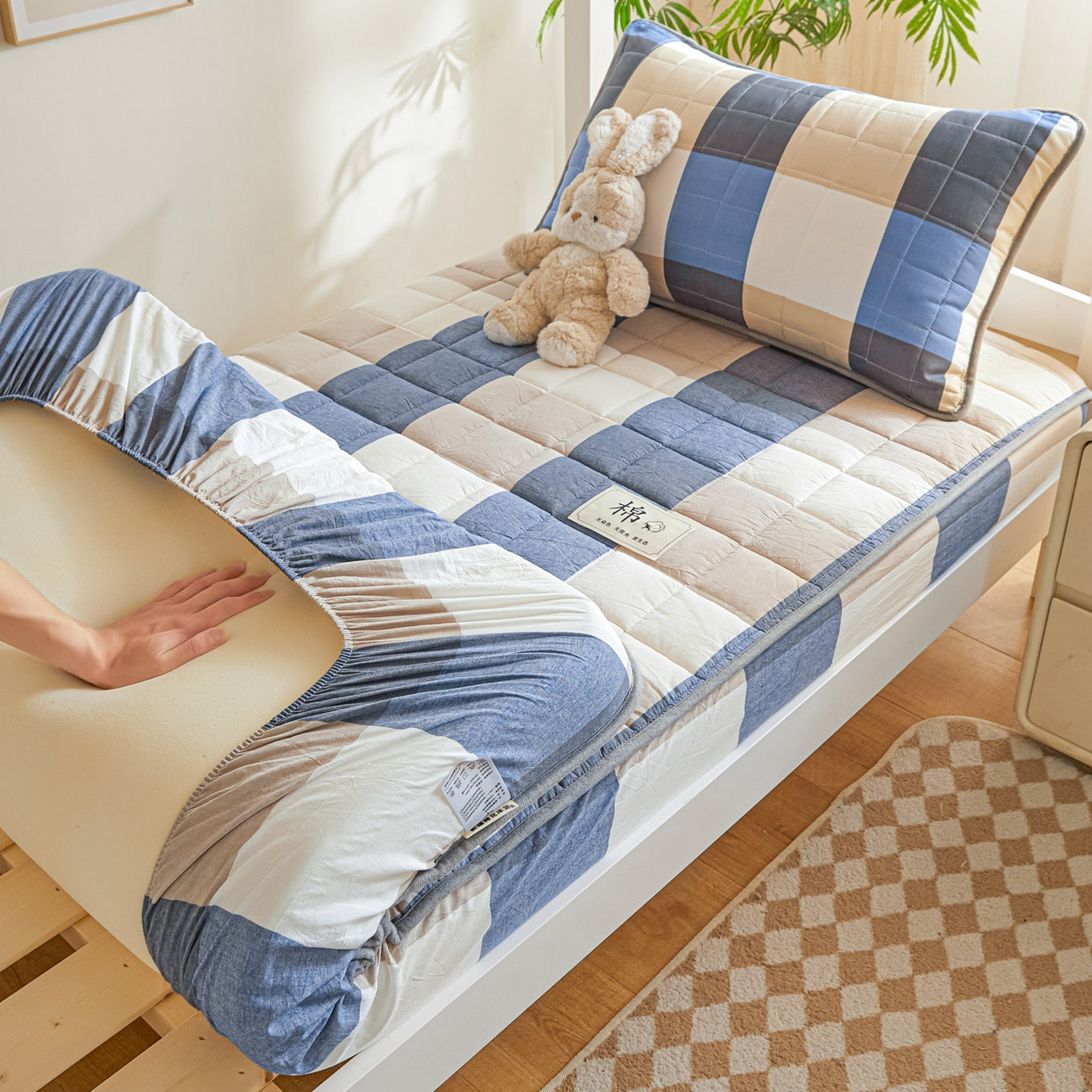 91家纺网 家纺一手货源 找家纺 （总）鑫钰 2025新款A类新疆棉花床笠学生宿舍专用90*190-棉格系列