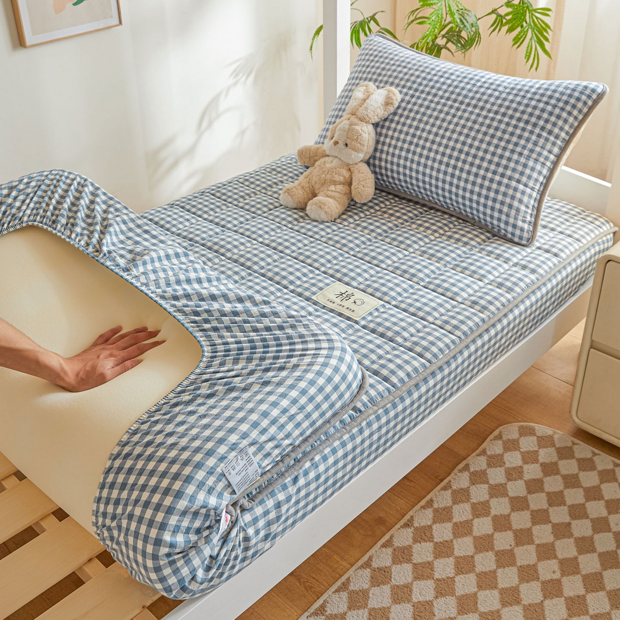 91家纺网 家纺一手货源 找家纺 （总）鑫钰 2025新款A类新疆棉花床笠学生宿舍专用90*190-棉格系列