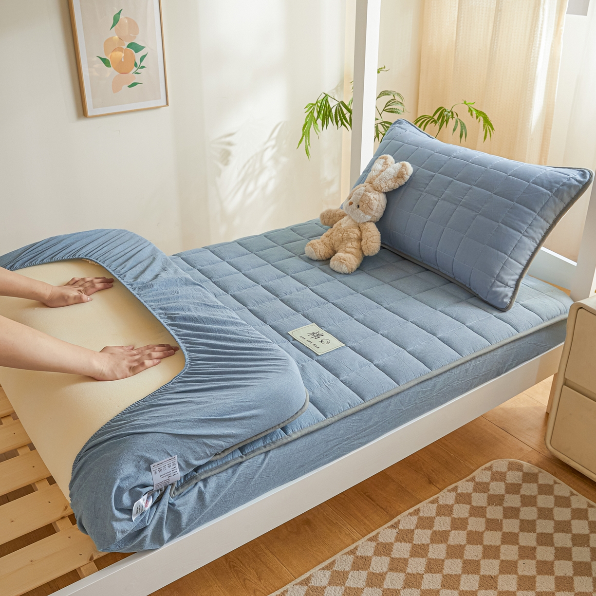 91家纺网 家纺一手货源 找家纺 鑫钰 2025新款A类新疆棉花床笠学生宿舍专用90*190-棉格系列 棉格-宾利蓝