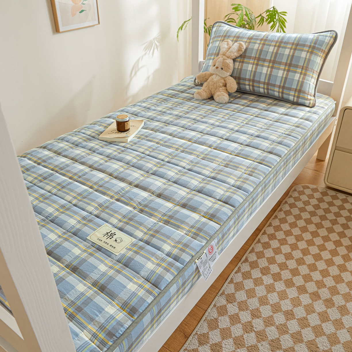 91家纺网 家纺一手货源 找家纺 鑫钰 2025新款A类新疆棉花床笠学生宿舍专用90*190-棉格系列 棉格-简希蓝