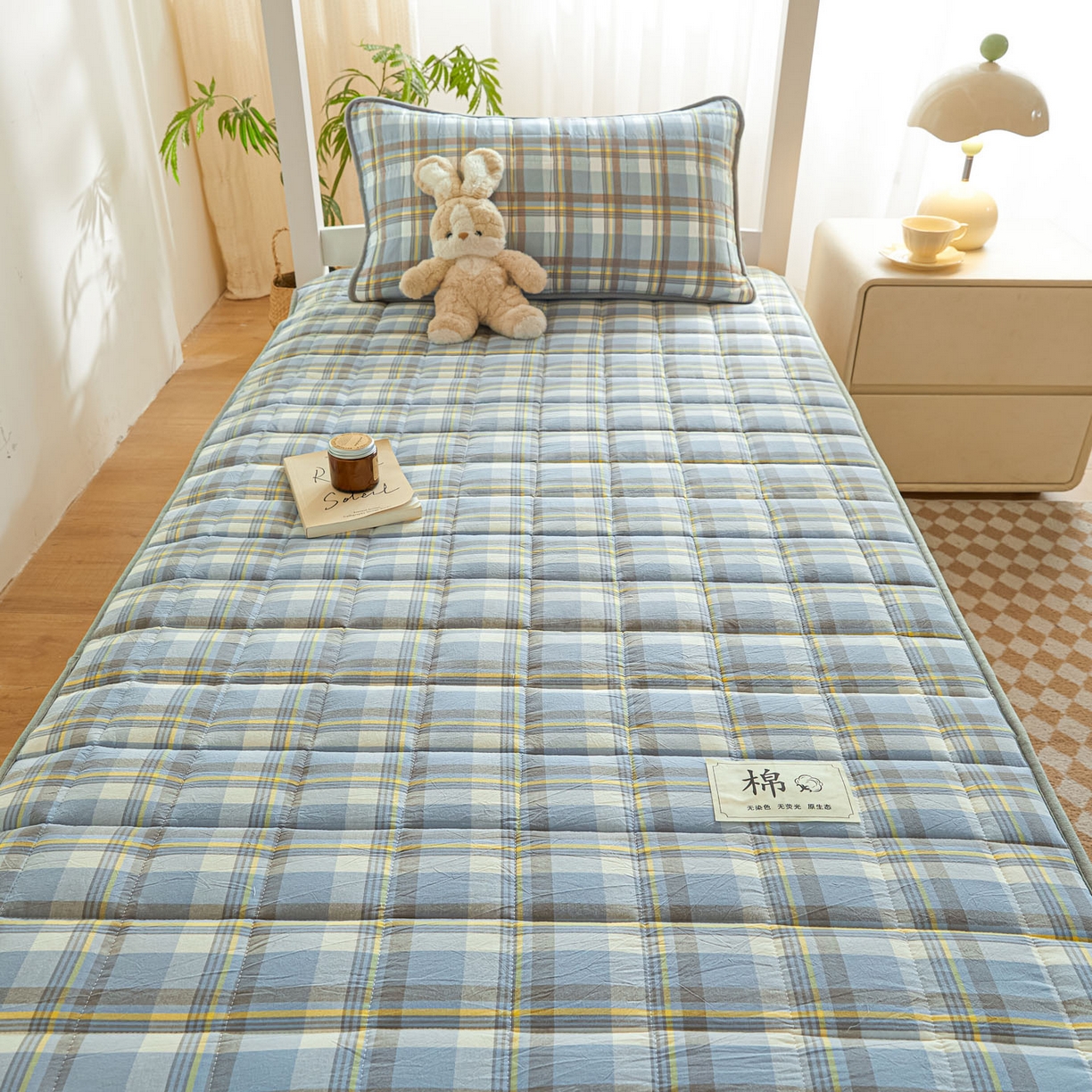91家纺网 家纺一手货源 找家纺 鑫钰 2025新款A类新疆棉花床笠学生宿舍专用90*190-棉格系列 棉格-简希蓝