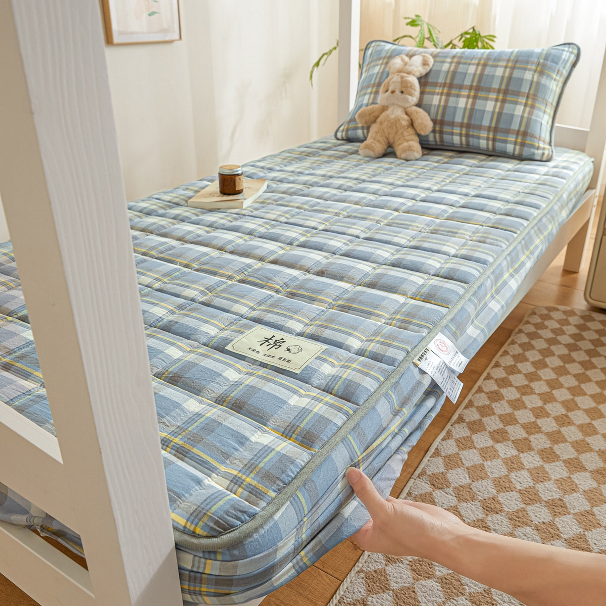 91家纺网 家纺一手货源 找家纺 鑫钰 2025新款A类新疆棉花床笠学生宿舍专用90*190-棉格系列 棉格-简希蓝