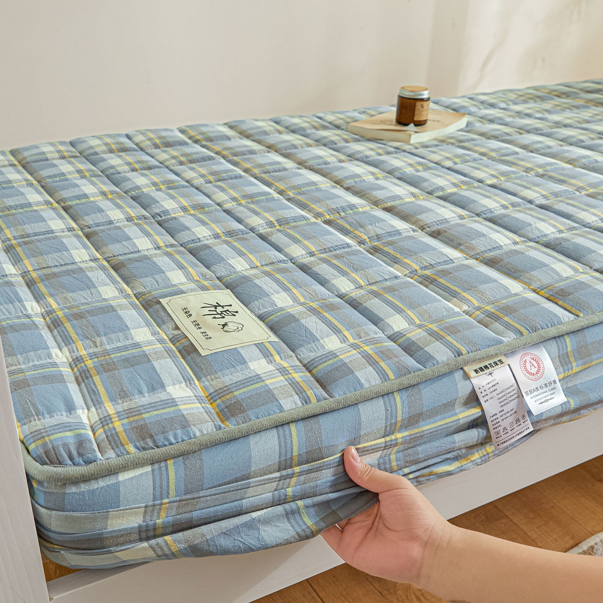 91家纺网 家纺一手货源 找家纺 鑫钰 2025新款A类新疆棉花床笠学生宿舍专用90*190-棉格系列 棉格-简希蓝