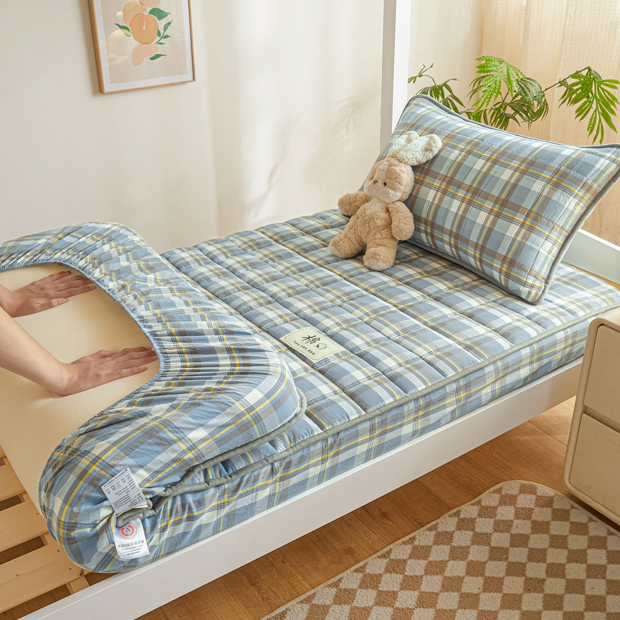 91家纺网 家纺一手货源 找家纺 鑫钰 2025新款A类新疆棉花床笠学生宿舍专用90*190-棉格系列 棉格-简希蓝