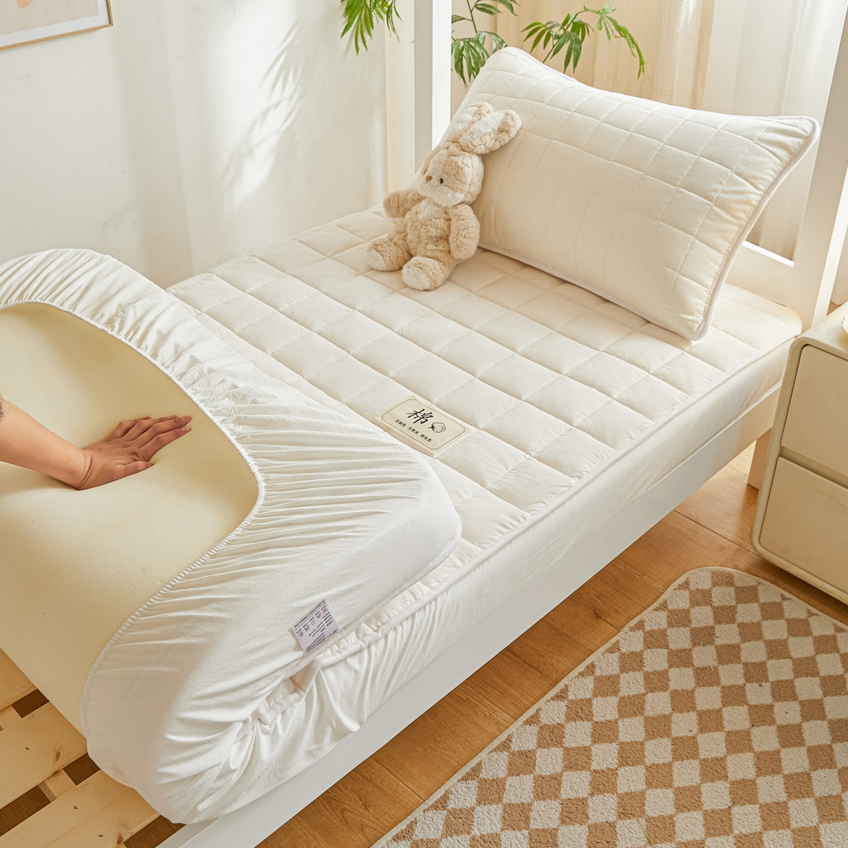 鑫钰 2025新款A类新疆棉花床笠学生宿舍专用90*190-棉格系列 棉格-经典白