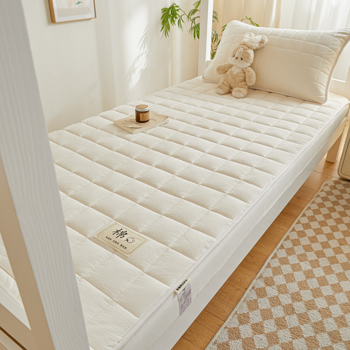 91家纺网 家纺一手货源 找家纺 鑫钰 2025新款A类新疆棉花床笠学生宿舍专用90*190-棉格系列 棉格-经典白