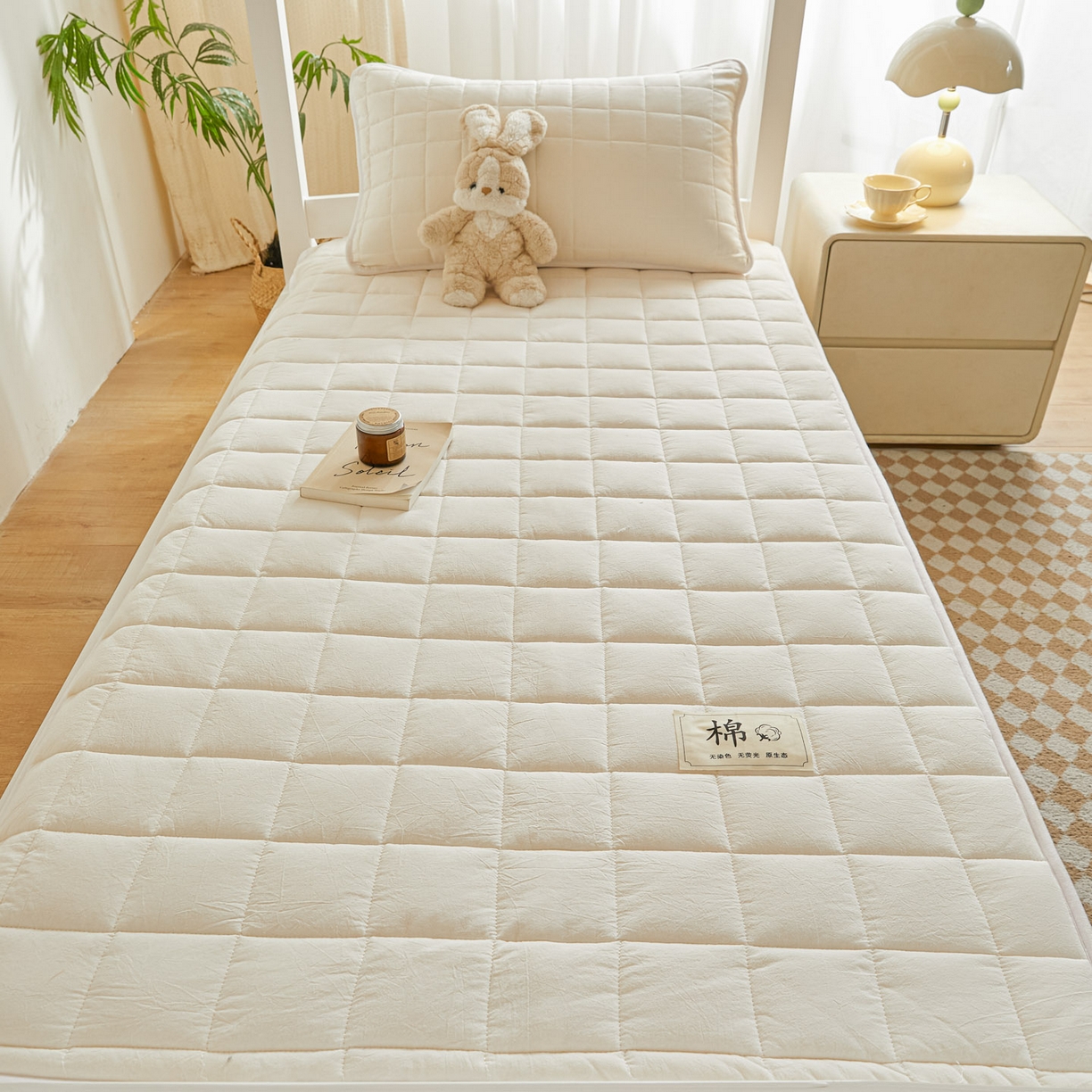 91家纺网 家纺一手货源 找家纺 鑫钰 2025新款A类新疆棉花床笠学生宿舍专用90*190-棉格系列 棉格-经典白
