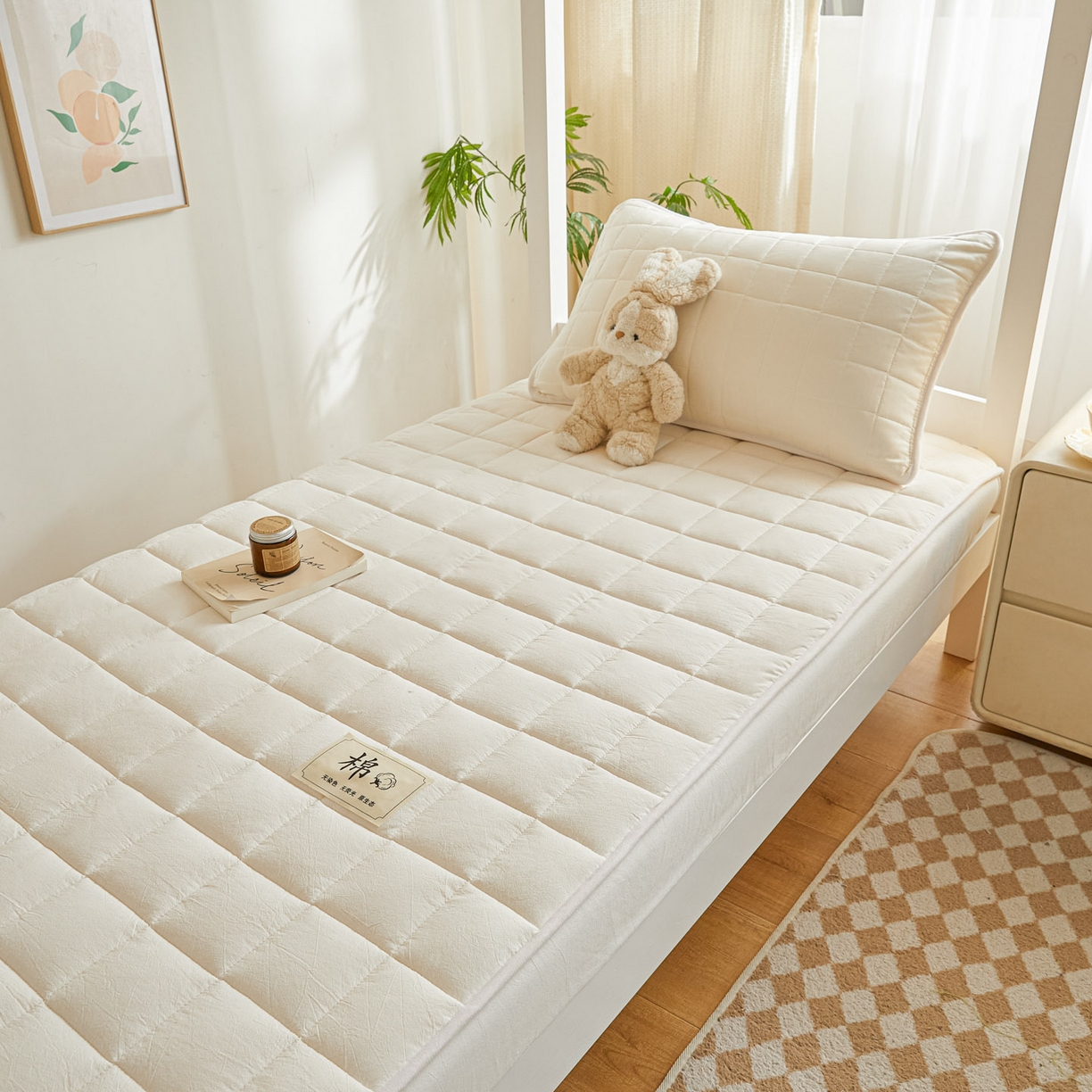 91家纺网 家纺一手货源 找家纺 鑫钰 2025新款A类新疆棉花床笠学生宿舍专用90*190-棉格系列 棉格-经典白