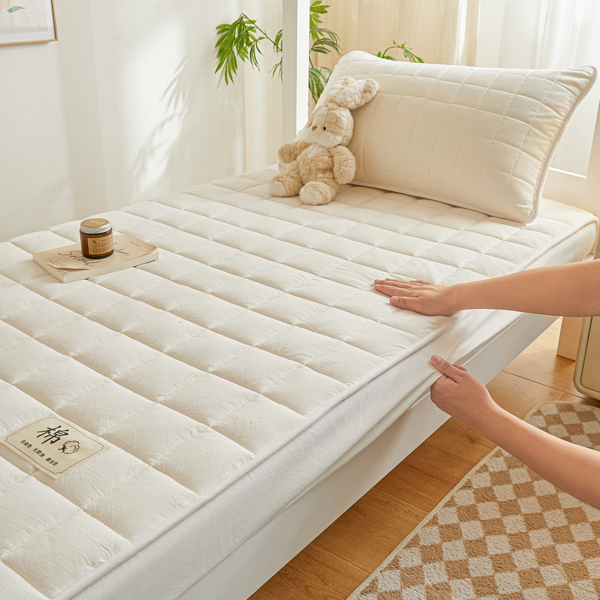 91家纺网 家纺一手货源 找家纺 鑫钰 2025新款A类新疆棉花床笠学生宿舍专用90*190-棉格系列 棉格-经典白