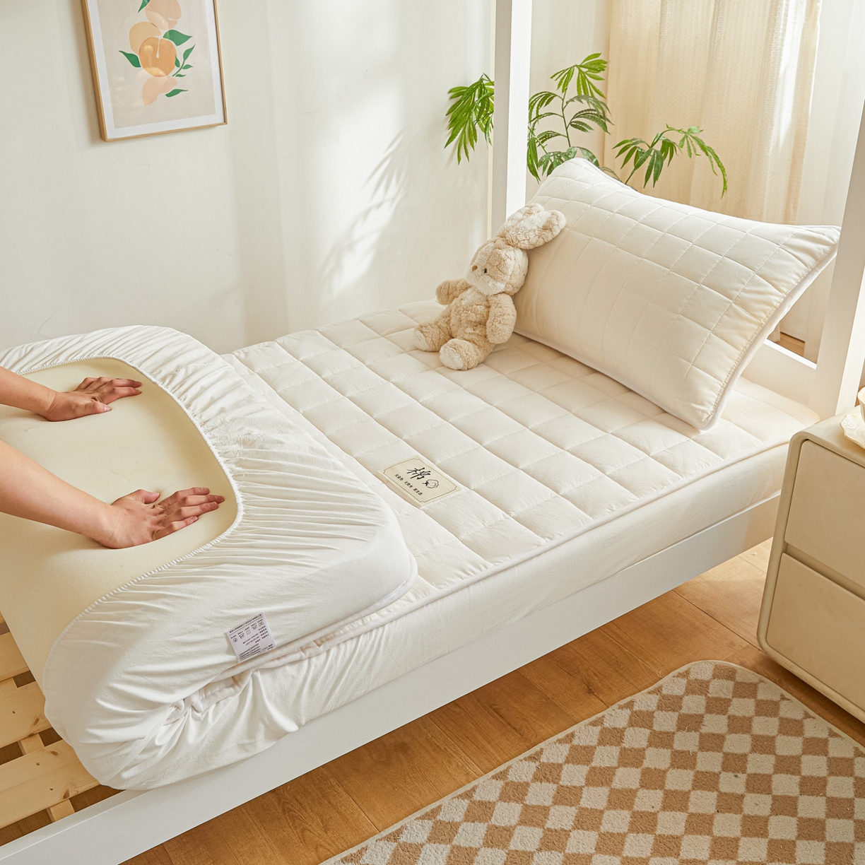 91家纺网 家纺一手货源 找家纺 鑫钰 2025新款A类新疆棉花床笠学生宿舍专用90*190-棉格系列 棉格-经典白