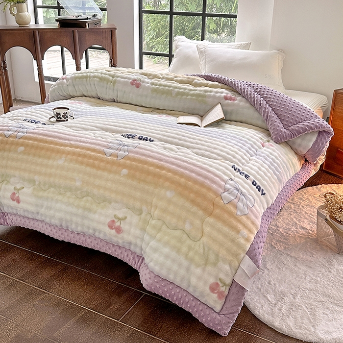 91家纺网 家纺一手货源 找家纺 宜家坊 2025新款直播热款A+兔兔绒豆豆被三层夹棉加厚毛毯毯子牛奶绒冬被泡泡兔毛绒保暖被子被芯 彩虹约定