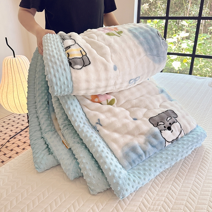 91家纺网 家纺一手货源 找家纺 宜家坊 2025新款直播热款A+兔兔绒豆豆被三层夹棉加厚毛毯毯子牛奶绒冬被泡泡兔毛绒保暖被子被芯 嗨皮狗狗