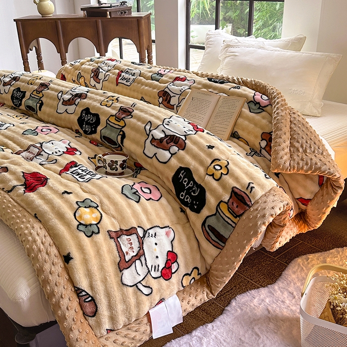 91家纺网 家纺一手货源 找家纺 宜家坊 2025新款直播热款A+兔兔绒豆豆被三层夹棉加厚毛毯毯子牛奶绒冬被泡泡兔毛绒保暖被子被芯 糖果凯特