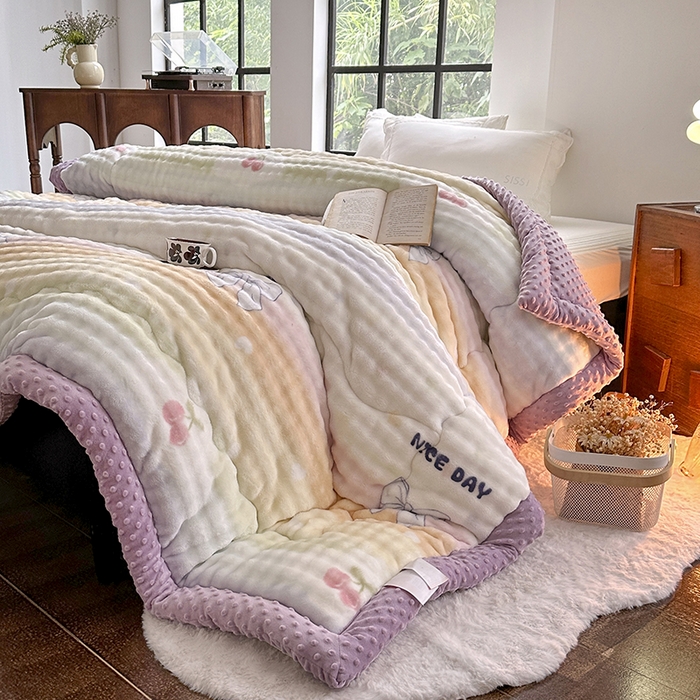 91家纺网 家纺一手货源 找家纺 宜家坊 2025新款直播热款A+兔兔绒豆豆被三层夹棉加厚毛毯毯子牛奶绒冬被泡泡兔毛绒保暖被子被芯 彩虹约定