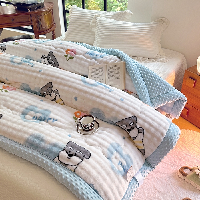 91家纺网 家纺一手货源 找家纺 宜家坊 2025新款直播热款A+兔兔绒豆豆被三层夹棉加厚毛毯毯子牛奶绒冬被泡泡兔毛绒保暖被子被芯 嗨皮狗狗