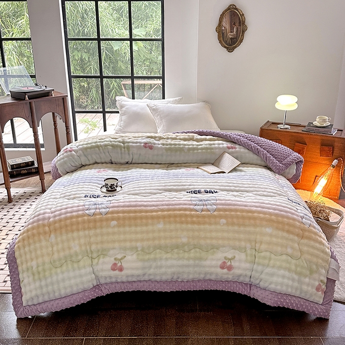 91家纺网 家纺一手货源 找家纺 宜家坊 2025新款直播热款A+兔兔绒豆豆被三层夹棉加厚毛毯毯子牛奶绒冬被泡泡兔毛绒保暖被子被芯 彩虹约定