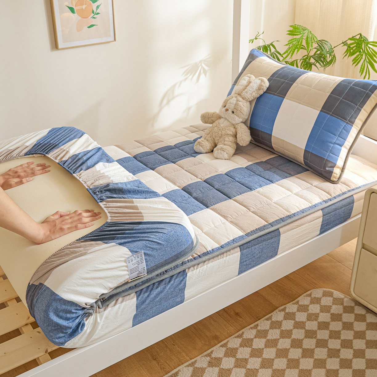 91家纺网 家纺一手货源 找家纺 鑫钰 2025新款A类新疆棉花床笠学生宿舍专用90*190-棉格系列 棉格-蓝大格