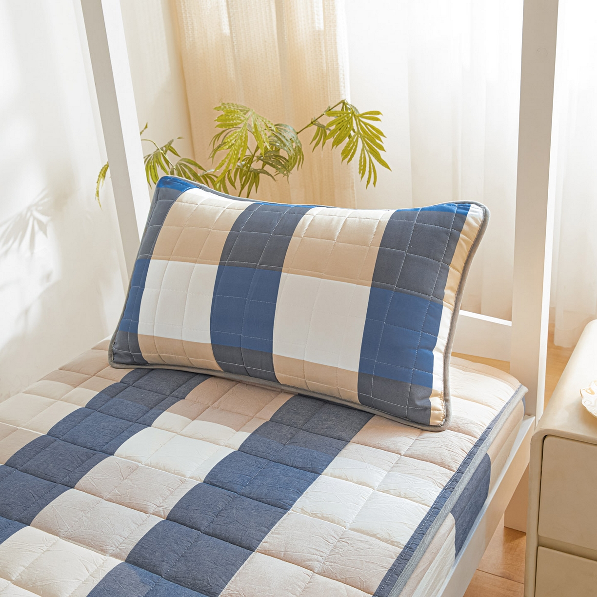 91家纺网 家纺一手货源 找家纺 鑫钰 2025新款A类新疆棉花床笠学生宿舍专用90*190-棉格系列 棉格-蓝大格