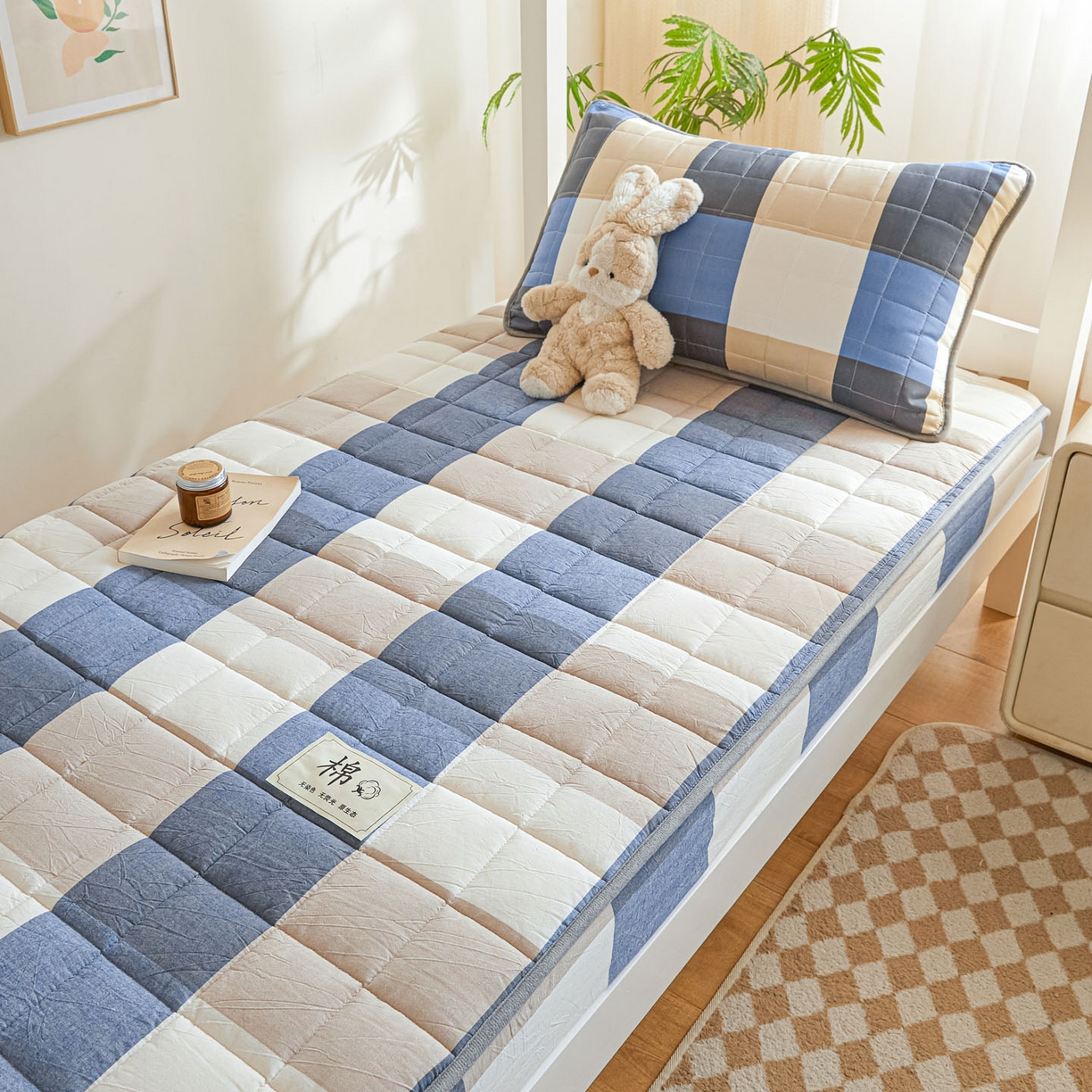 91家纺网 家纺一手货源 找家纺 鑫钰 2025新款A类新疆棉花床笠学生宿舍专用90*190-棉格系列 棉格-蓝大格