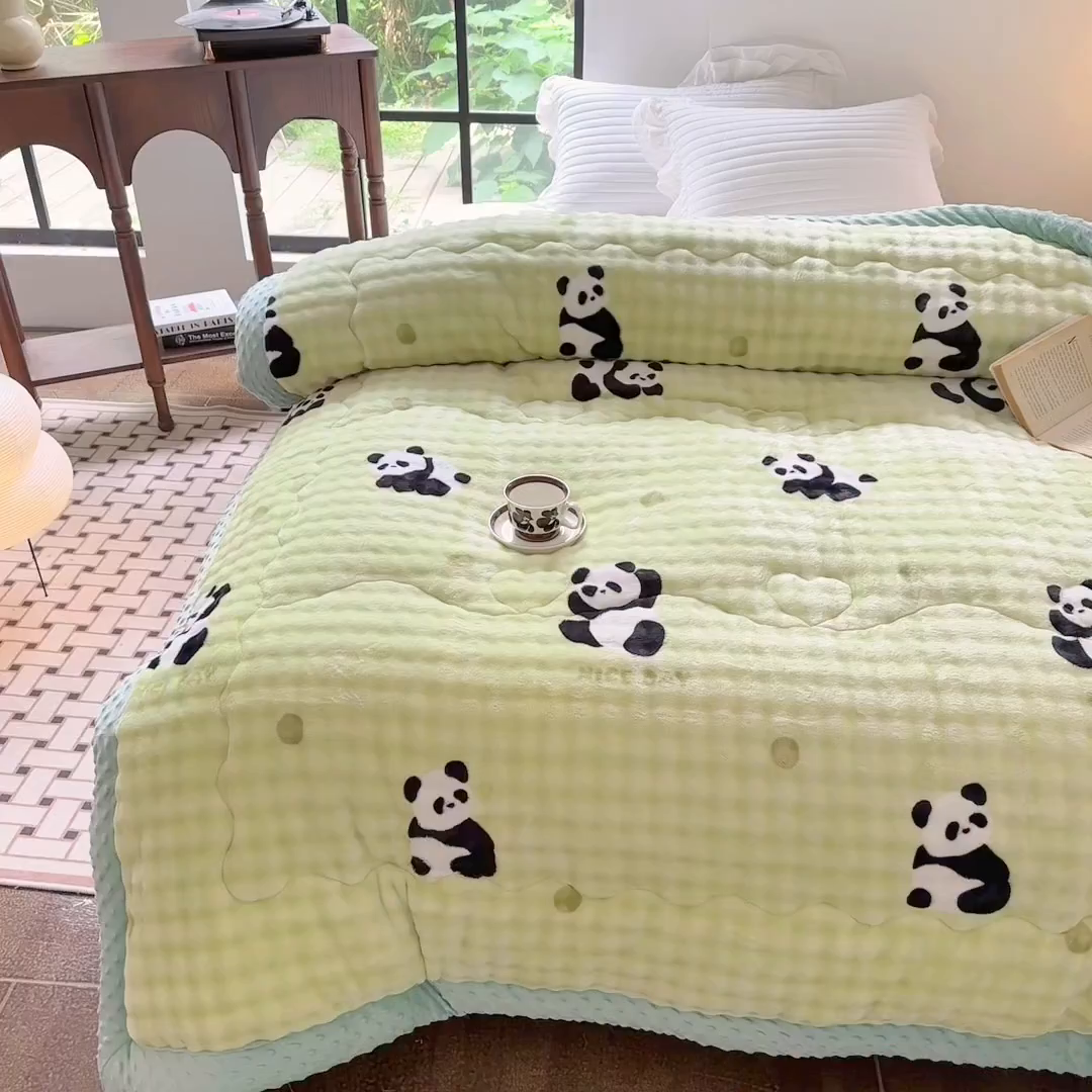 91家纺网 家纺一手货源 找家纺 宜家坊 2025新款直播热款A+兔兔绒豆豆被三层夹棉加厚毛毯毯子牛奶绒冬被泡泡兔毛绒保暖被子被芯 国宝萌宠