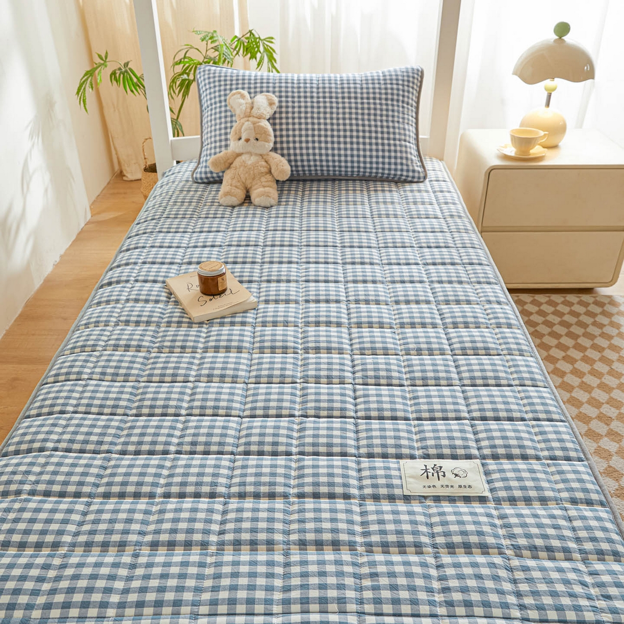 91家纺网 家纺一手货源 找家纺 鑫钰 2025新款A类新疆棉花床笠学生宿舍专用90*190-棉格系列 棉格-蓝小格