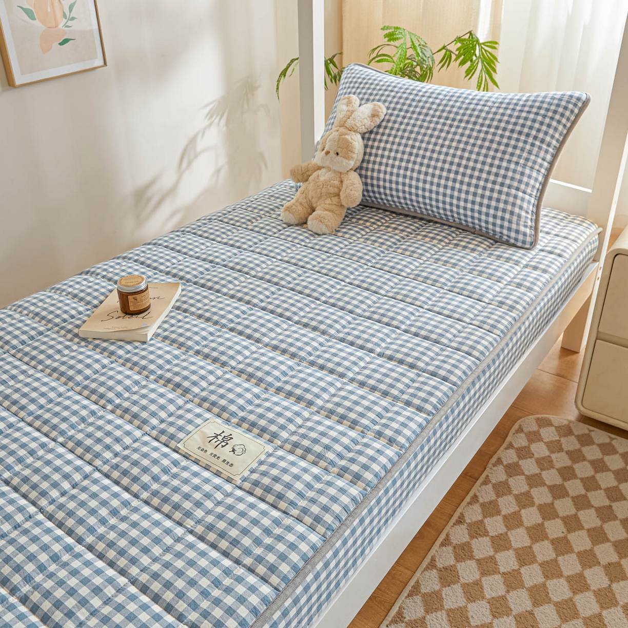 91家纺网 家纺一手货源 找家纺 鑫钰 2025新款A类新疆棉花床笠学生宿舍专用90*190-棉格系列 棉格-蓝小格