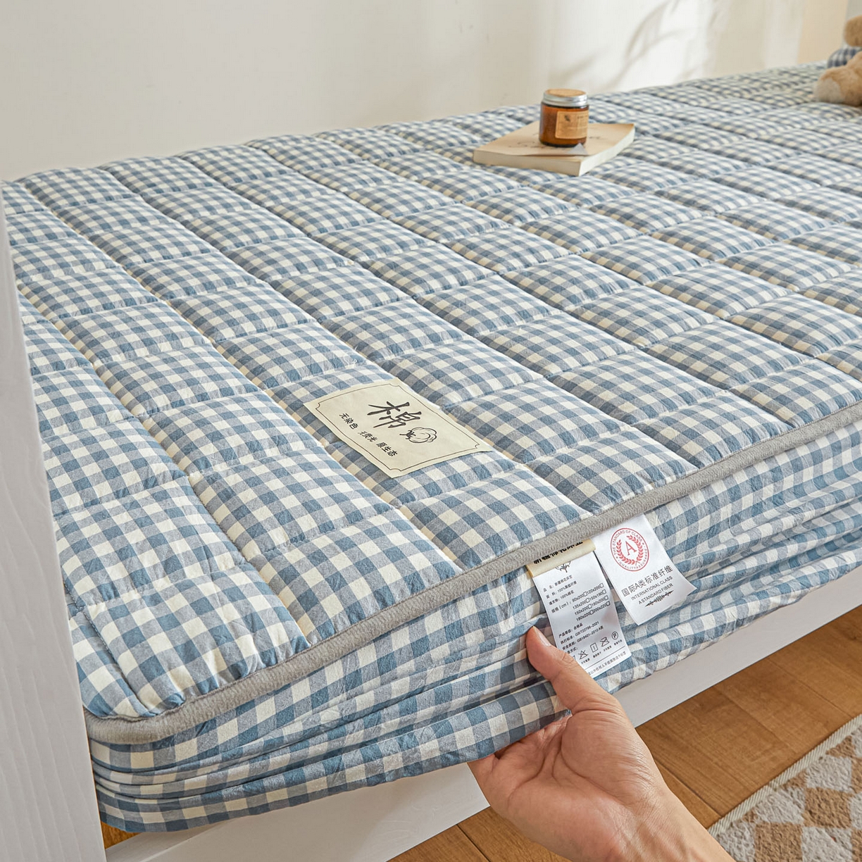 91家纺网 家纺一手货源 找家纺 鑫钰 2025新款A类新疆棉花床笠学生宿舍专用90*190-棉格系列 棉格-蓝小格