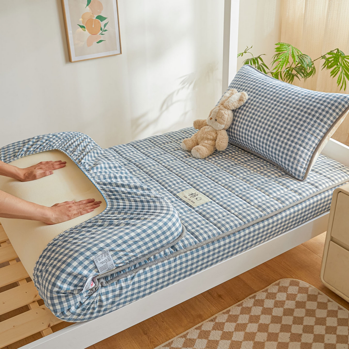 91家纺网 家纺一手货源 找家纺 鑫钰 2025新款A类新疆棉花床笠学生宿舍专用90*190-棉格系列 棉格-蓝小格