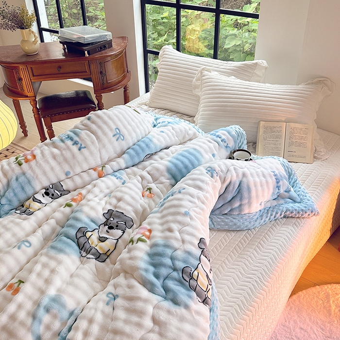 91家纺网 家纺一手货源 找家纺 宜家坊 2025新款直播热款A+兔兔绒豆豆被三层夹棉加厚毛毯毯子牛奶绒冬被泡泡兔毛绒保暖被子被芯 嗨皮狗狗