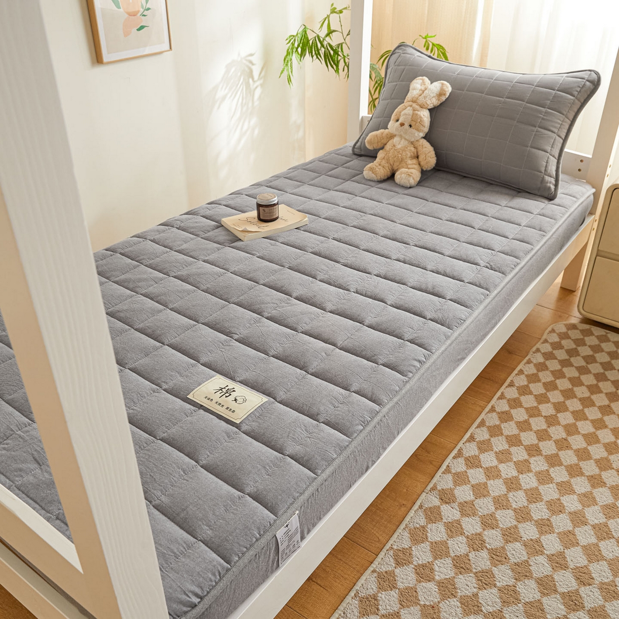 91家纺网 家纺一手货源 找家纺 鑫钰 2025新款A类新疆棉花床笠学生宿舍专用90*190-棉格系列 棉格-绅士灰