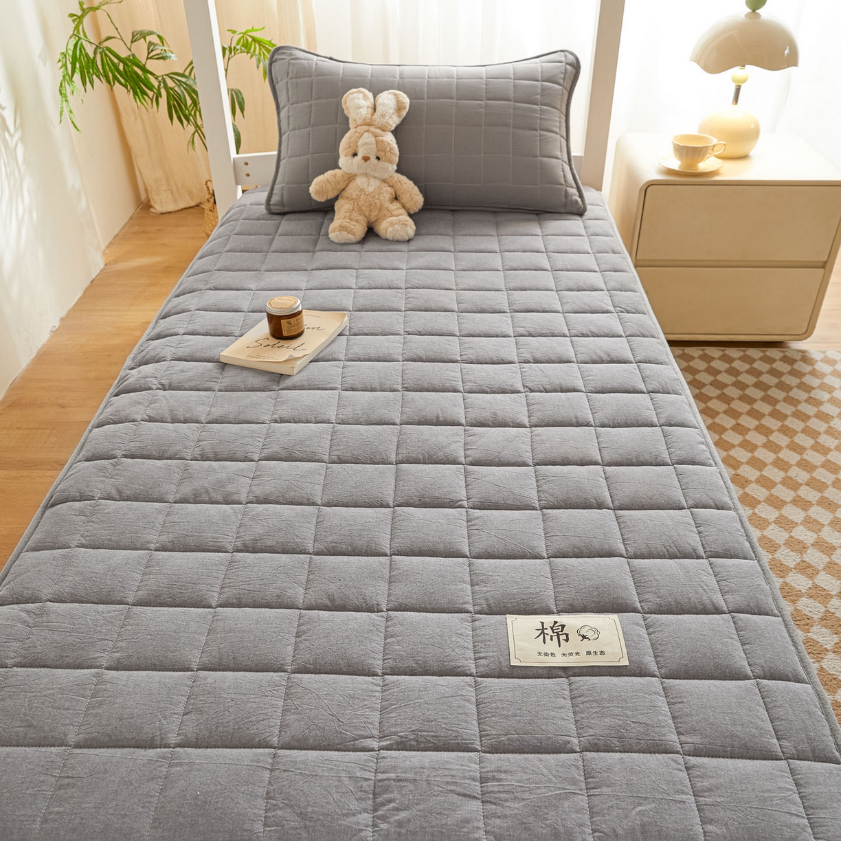 91家纺网 家纺一手货源 找家纺 鑫钰 2025新款A类新疆棉花床笠学生宿舍专用90*190-棉格系列 棉格-绅士灰