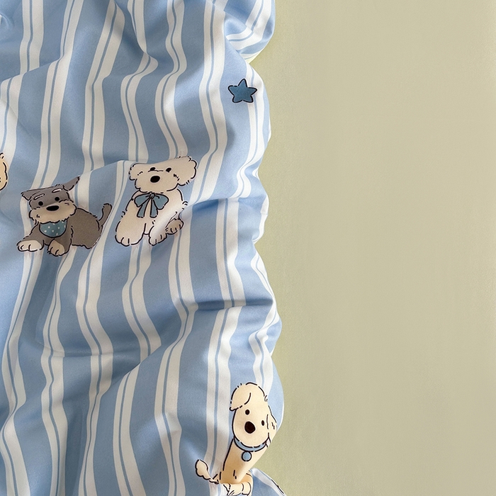 91家纺网 家纺一手货源 找家纺 梵克保罗 2025新款ins风亲肤卡通条格印花水洗棉系列四件套-风格一 可爱狗