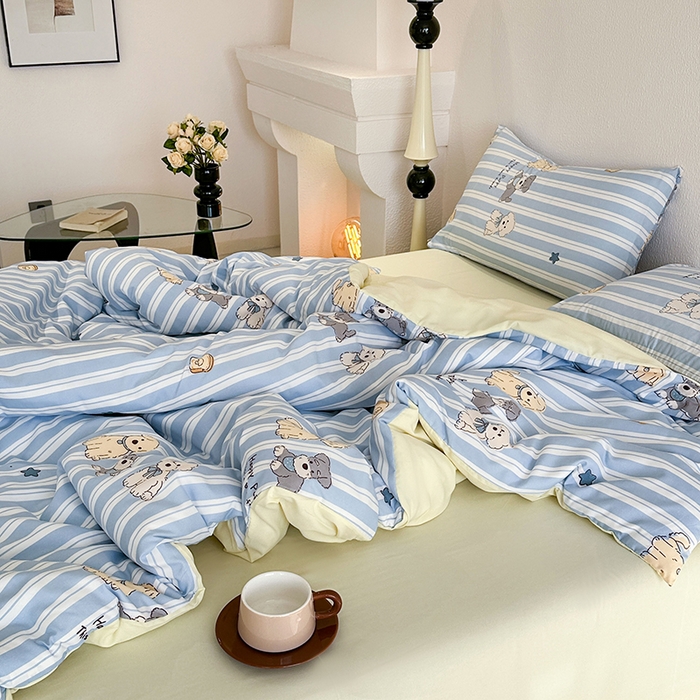 91家纺网 家纺一手货源 找家纺 梵克保罗 2025新款ins风亲肤卡通条格印花水洗棉系列四件套-风格一 可爱狗