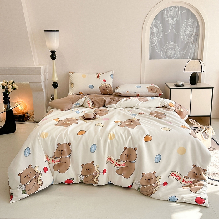 91家纺网 家纺一手货源 找家纺 梵克保罗 2025新款ins风亲肤卡通条格印花水洗棉系列四件套-风格一 欢乐卡巴