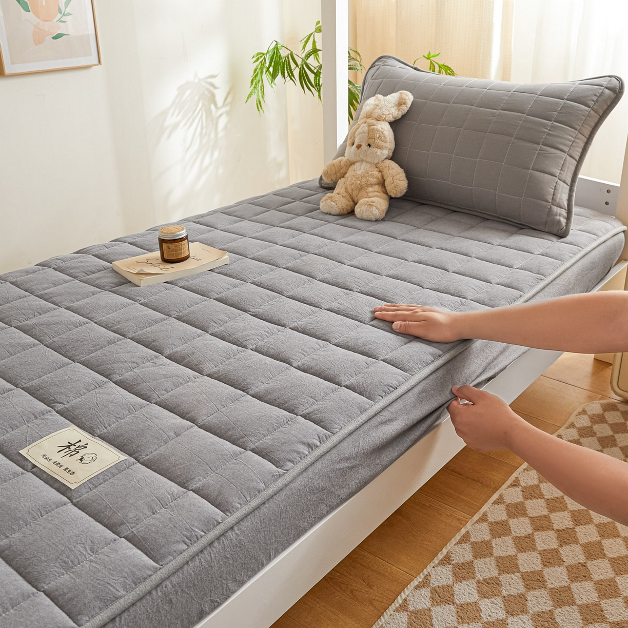 91家纺网 家纺一手货源 找家纺 鑫钰 2025新款A类新疆棉花床笠学生宿舍专用90*190-棉格系列 棉格-绅士灰