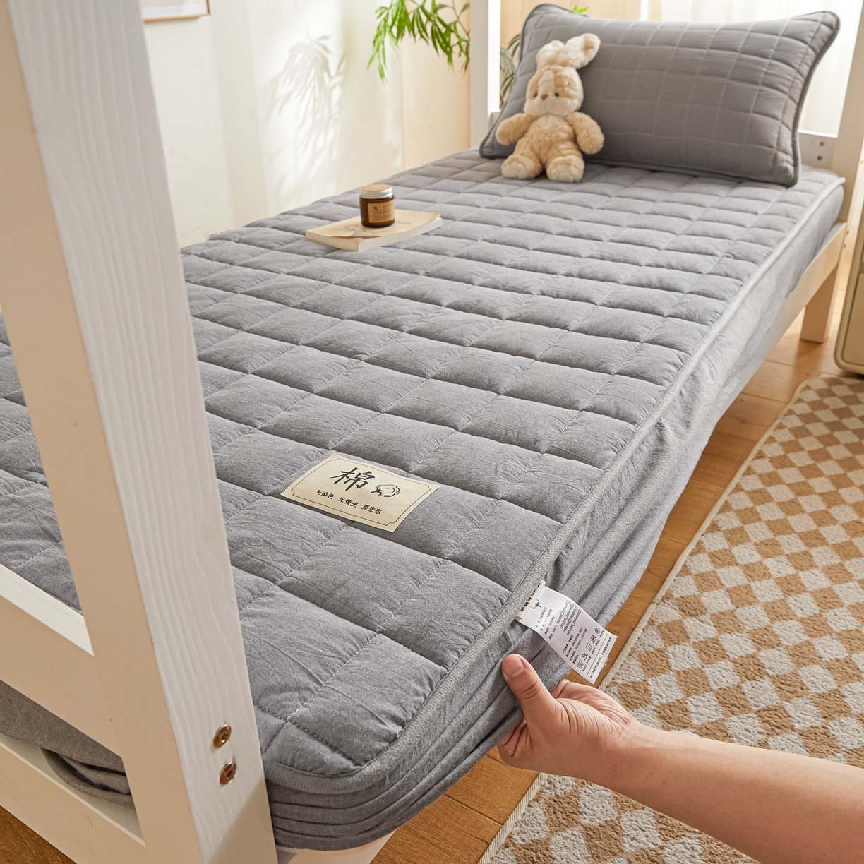 91家纺网 家纺一手货源 找家纺 鑫钰 2025新款A类新疆棉花床笠学生宿舍专用90*190-棉格系列 棉格-绅士灰