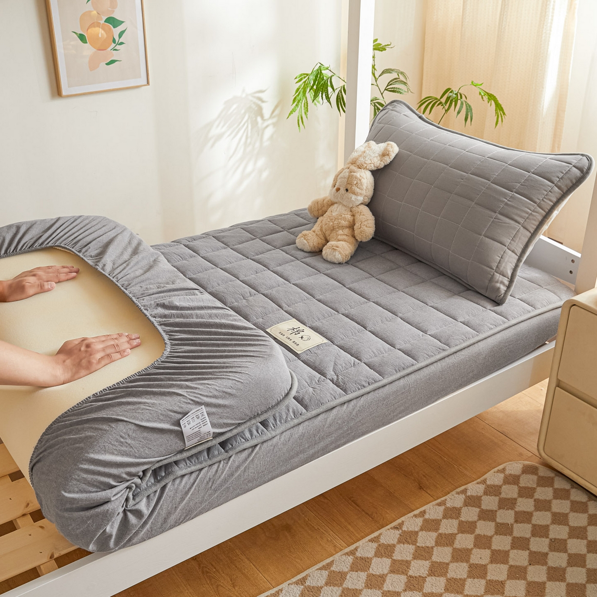 91家纺网 家纺一手货源 找家纺 鑫钰 2025新款A类新疆棉花床笠学生宿舍专用90*190-棉格系列 棉格-绅士灰