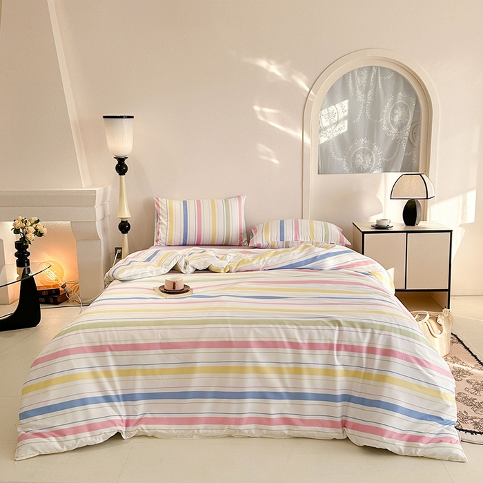 91家纺网 家纺一手货源 找家纺 梵克保罗 2025新款ins风亲肤卡通条格印花水洗棉系列四件套-风格一 日系马卡龙条