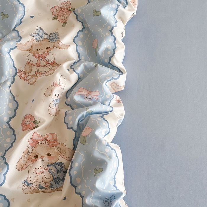 91家纺网 家纺一手货源 找家纺 梵克保罗 2025新款ins风亲肤卡通条格印花水洗棉系列四件套-风格一 可爱小兔