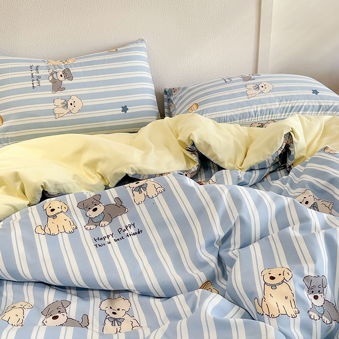 91家纺网 家纺一手货源 找家纺 梵克保罗 2025新款ins风亲肤卡通条格印花水洗棉系列四件套-风格一 可爱狗