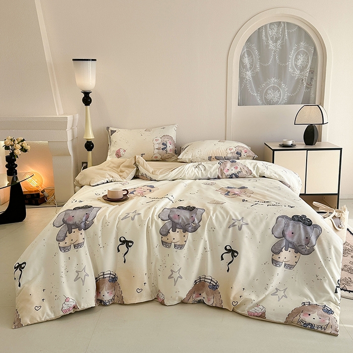 91家纺网 家纺一手货源 找家纺 梵克保罗 2025新款ins风亲肤卡通条格印花水洗棉系列四件套-风格一 萌宠小象